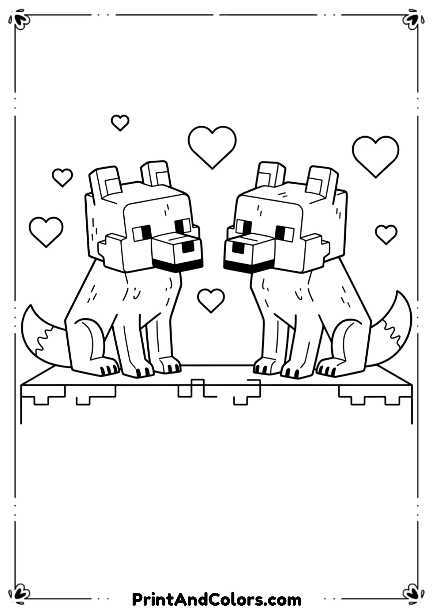  Black and white line art of two Minecraft wolves sitting together with heart shapes around them, cute and friendly style, bold outlines, no shading, printable coloring page.

