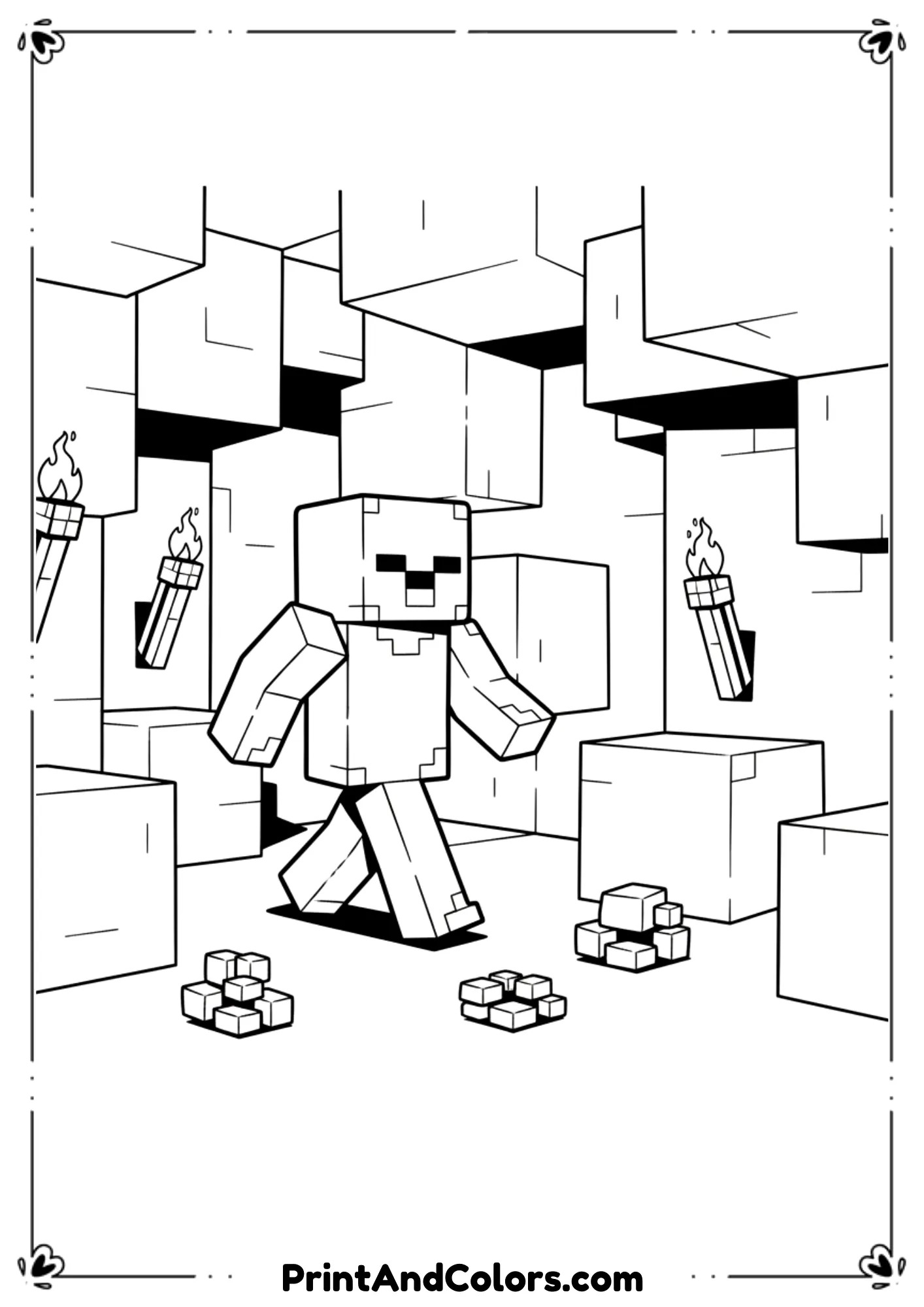  Black and white line illustration of a Minecraft Zombie walking inside a cave with stone blocks, torches, and shadows outlined only, spooky but kid-friendly, bold clean lines, no shading, printable coloring page, white background.
