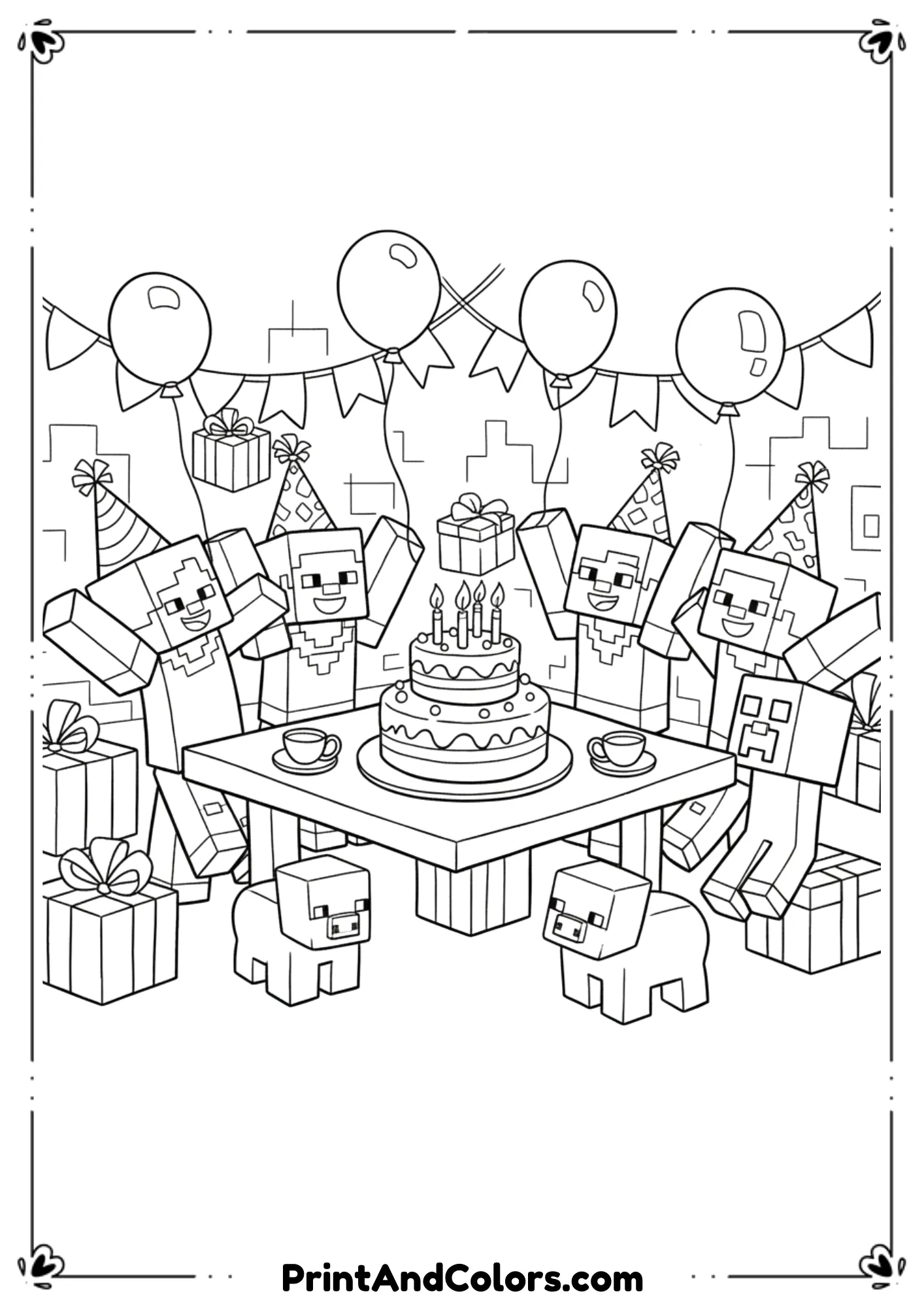  Black and white line art of Minecraft characters celebrating a birthday with cake, balloons, and gifts, festive layout, bold outlines, no shading, printable coloring page.
