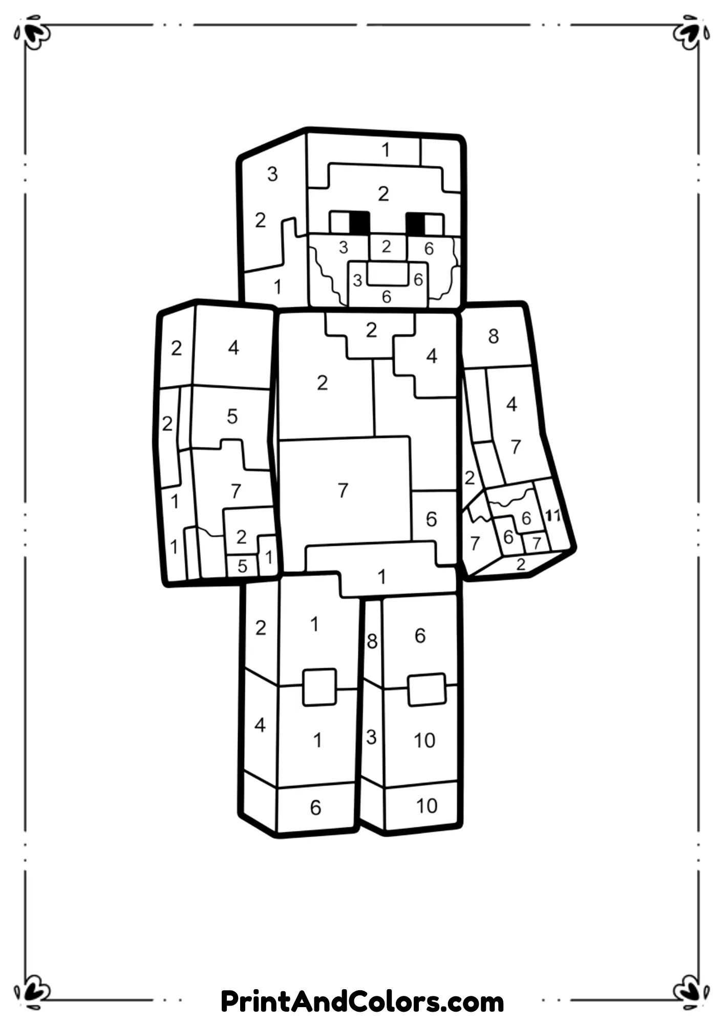  Black and white line art of a Minecraft character divided into numbered sections, simple shapes, bold outlines, no shading, printable color by number coloring page.
