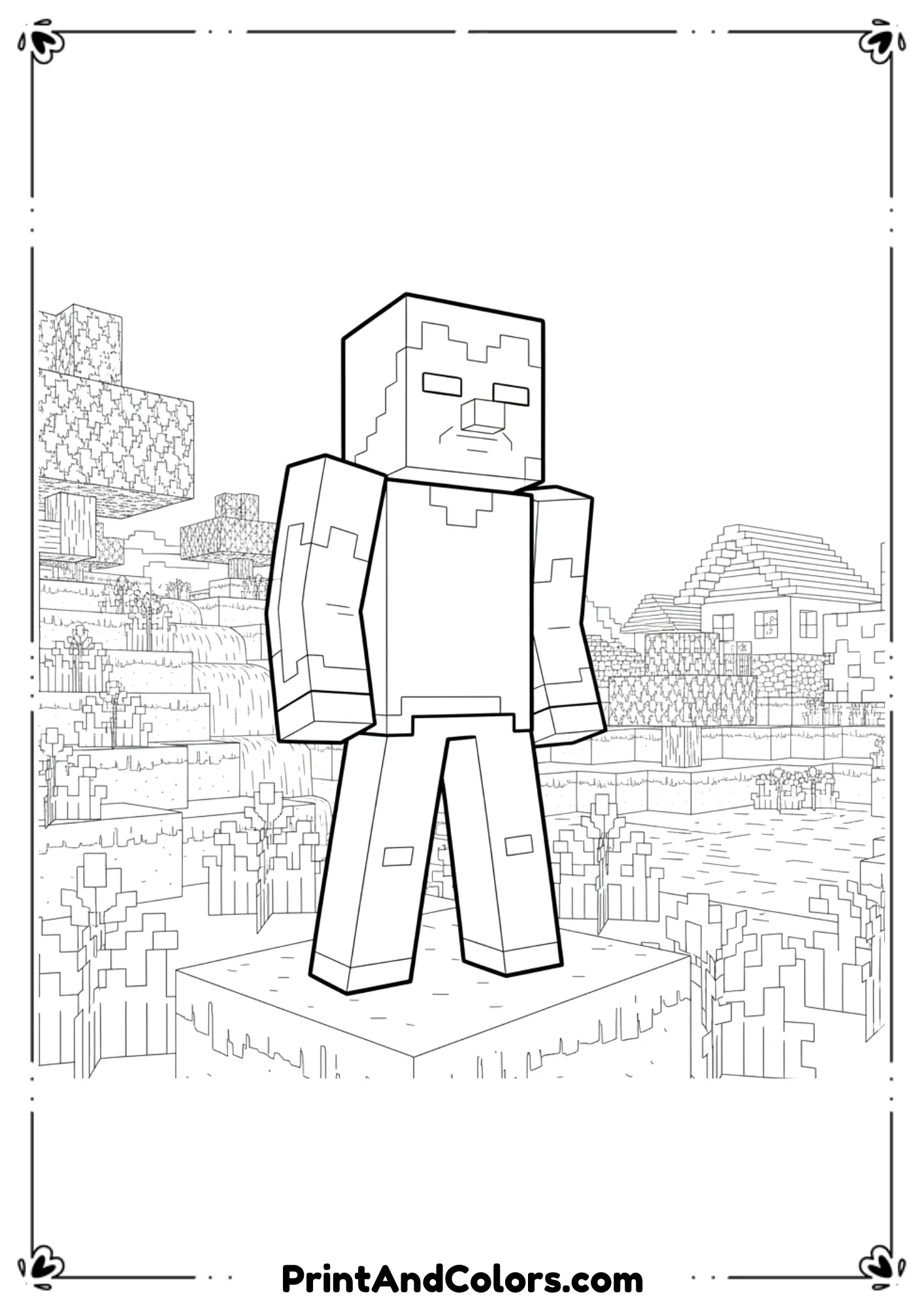  Black and white line illustration of Herobrine standing in a Minecraft landscape, glowing eyes outlined only, bold outlines, no shading, printable coloring page.
