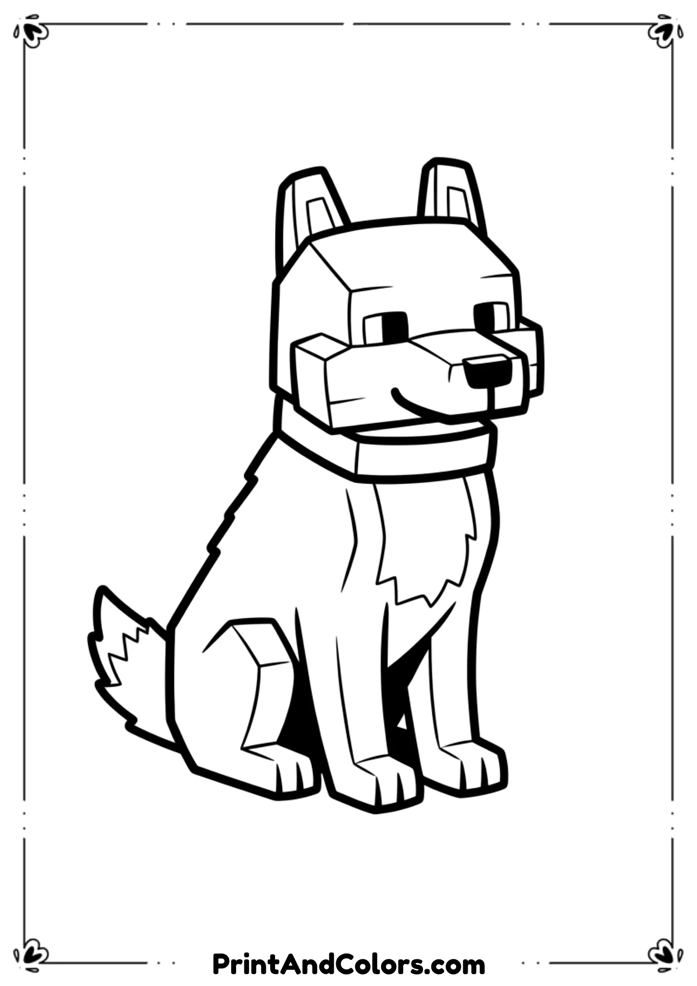  Black and white line art of a Minecraft dog sitting with collar, friendly expression, blocky body, bold outlines, no shading, printable coloring page.
