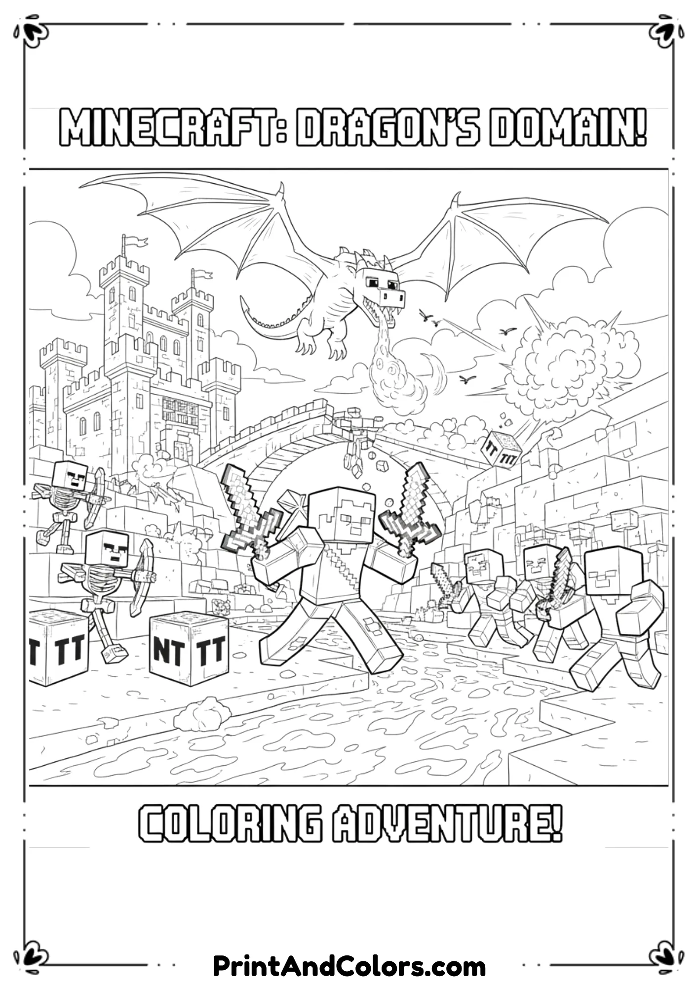  Black and white line art inspired by Minecraft movie characters and scenes, action-ready poses, simplified details, bold outlines, no shading, printable coloring page.

