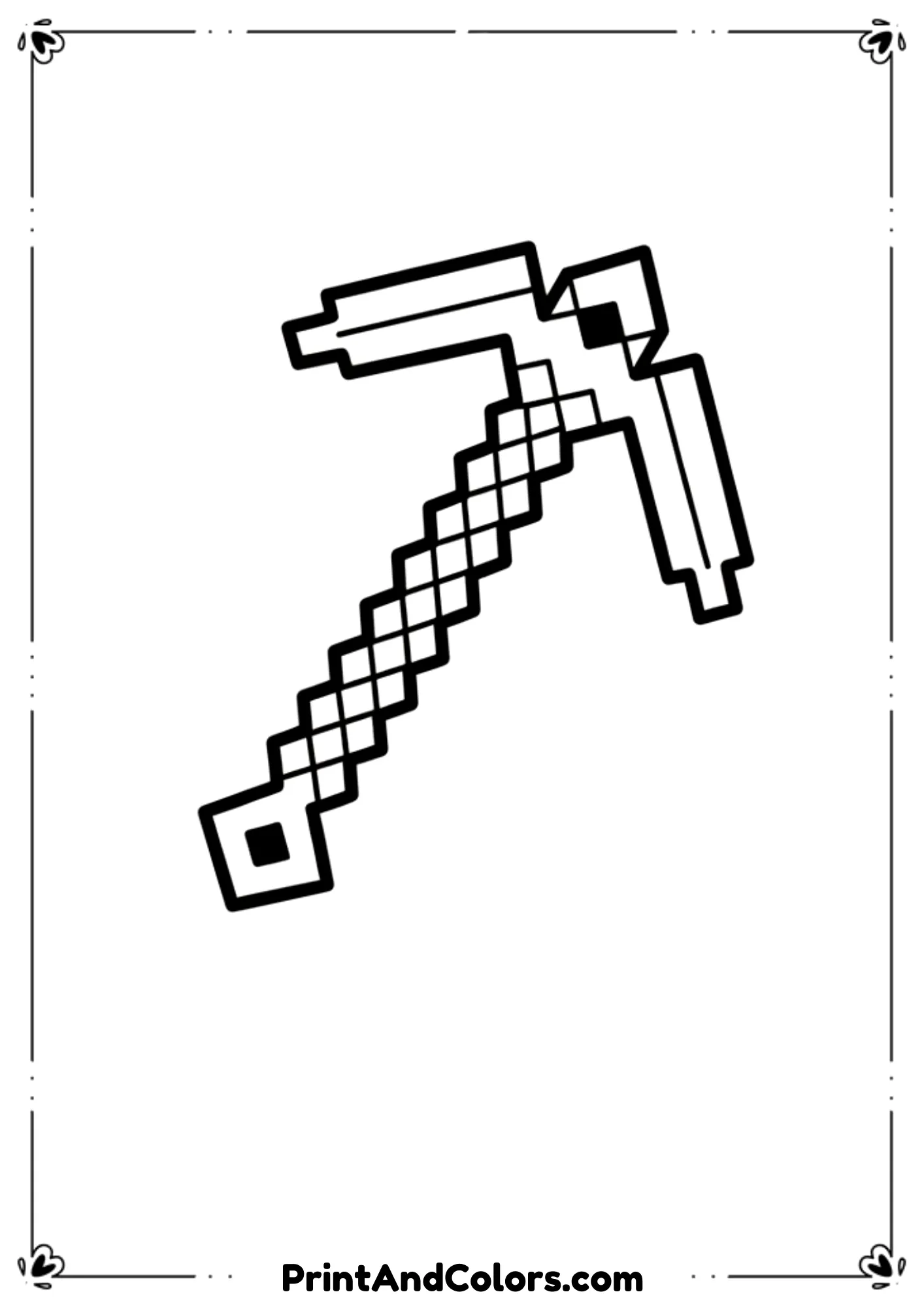  Black and white line drawing of a single Minecraft pickaxe centered on the page, bold clean outlines, no shading, printable coloring page.
