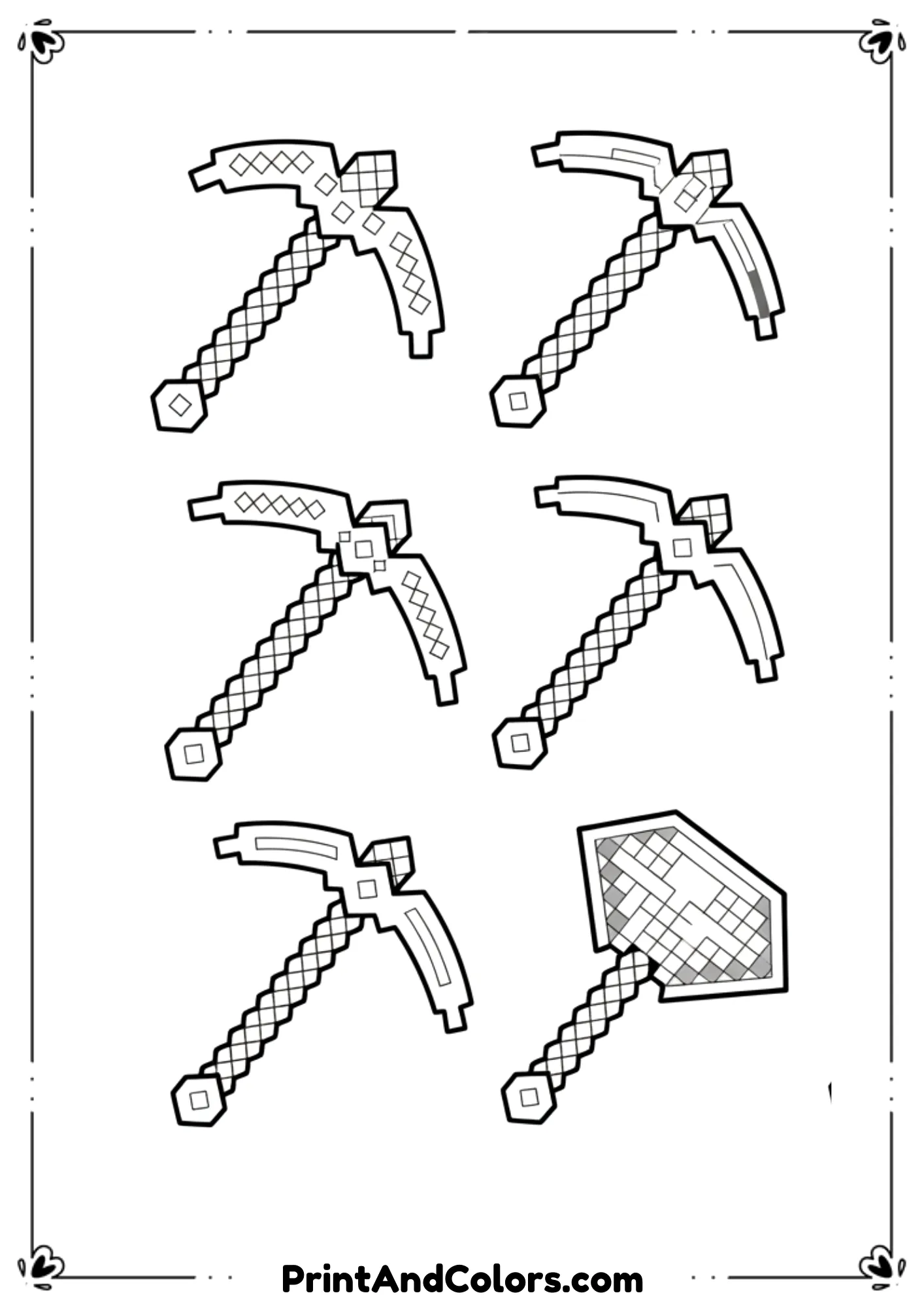  Black and white line illustration of multiple Minecraft pickaxe designs displayed neatly, pixel-style tools, bold outlines, no shading, printable coloring page.
