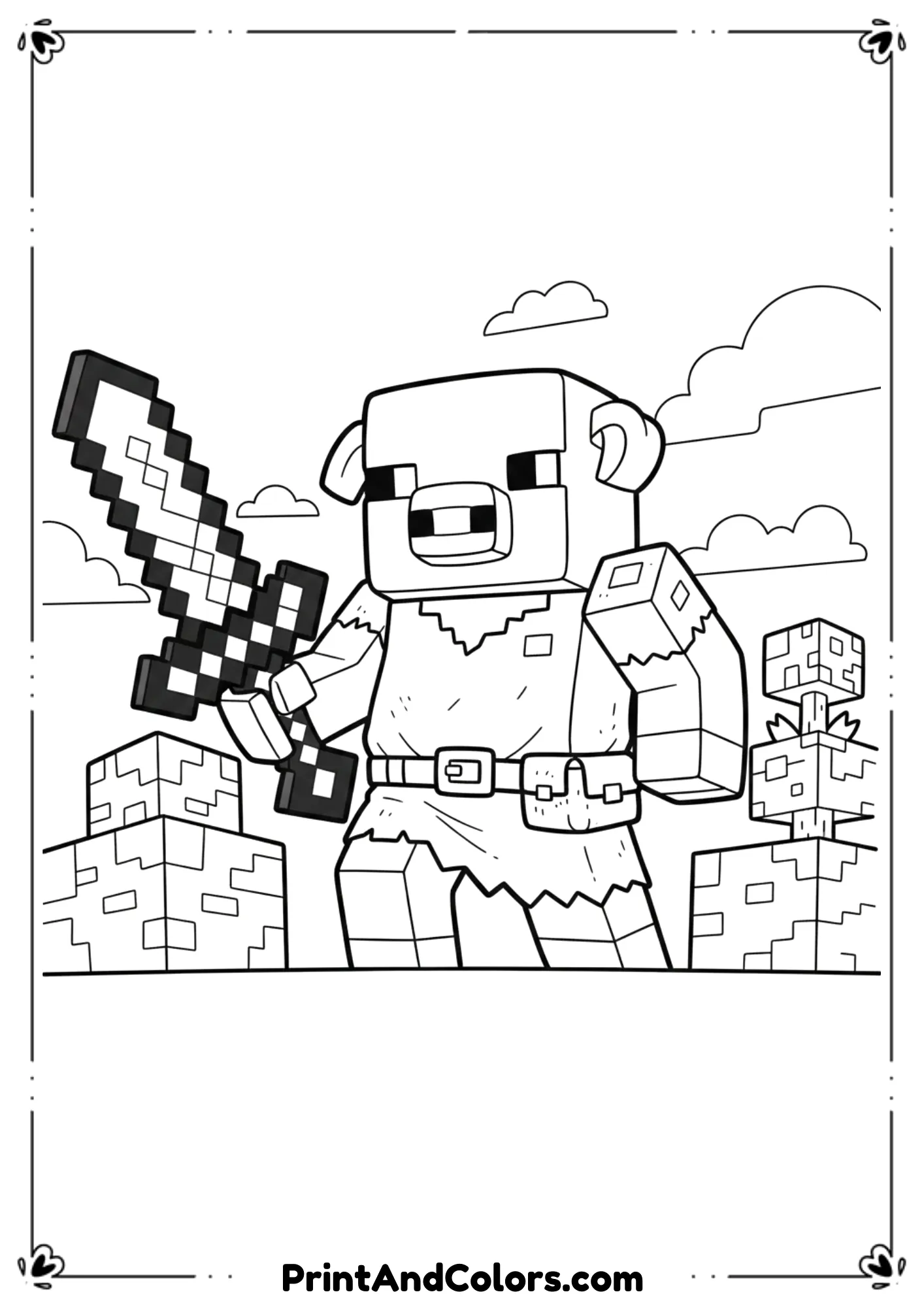 Black and white line art of a Minecraft Piglin holding a weapon, Nether-inspired blocks outlined simply, bold outlines, no shading, printable coloring page.
