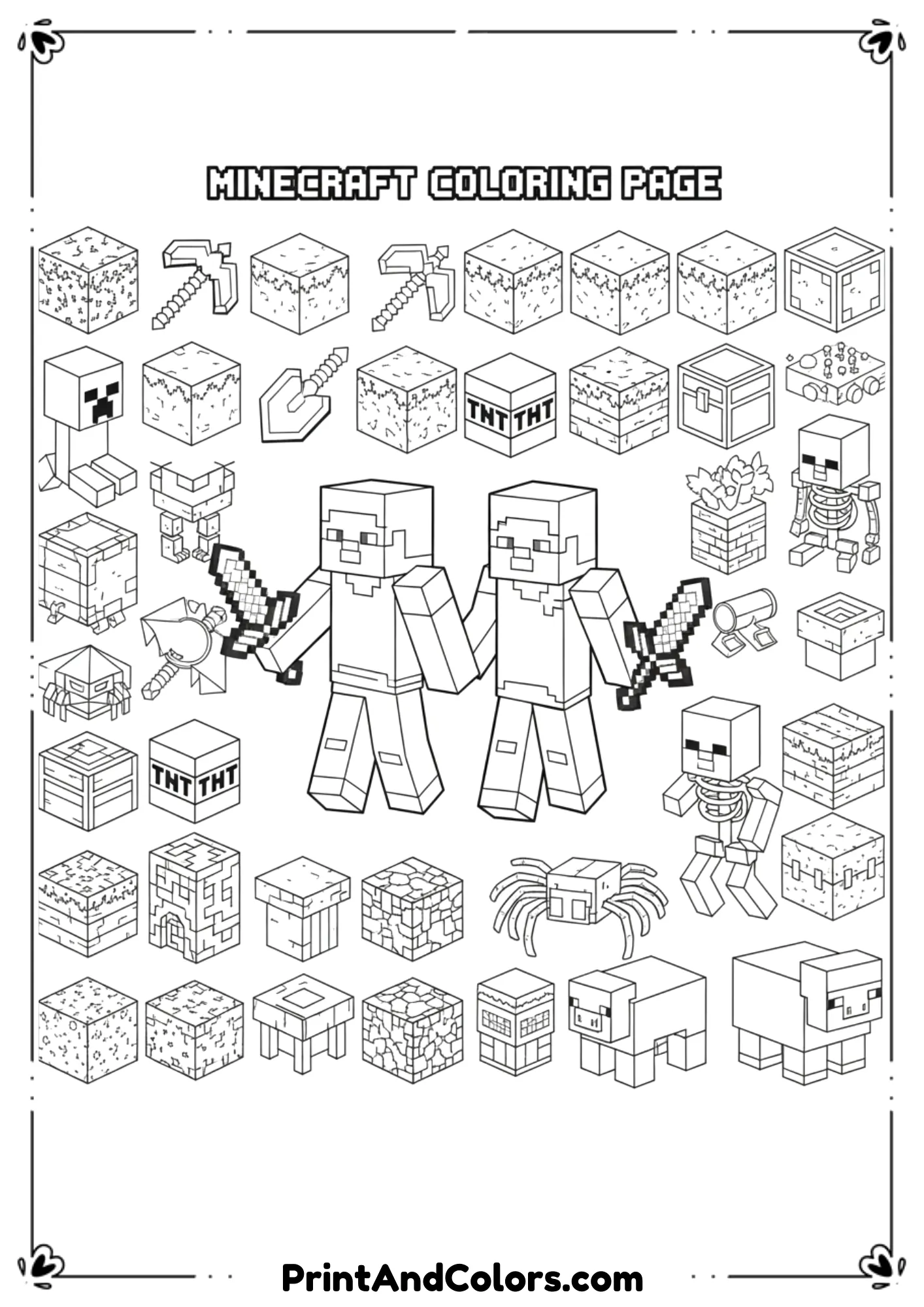  Black and white line art featuring a variety of Minecraft characters, mobs, tools, and blocks arranged neatly, clean bold outlines, no shading, no color, printable coloring page, high resolution, white background.
