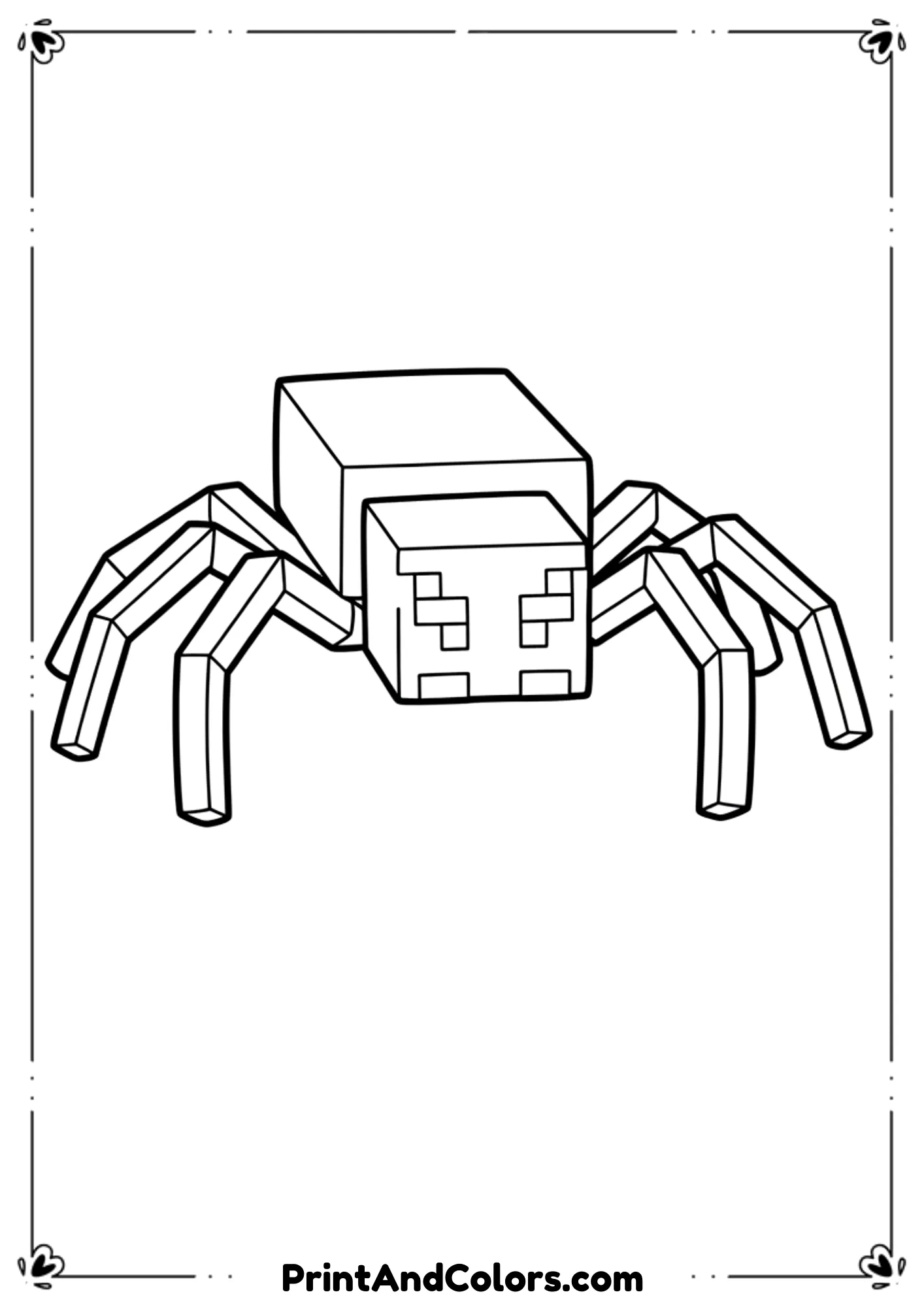  Black and white line drawing of a Minecraft spider crawling forward, blocky legs and body, bold outlines, no shading, printable coloring page.
