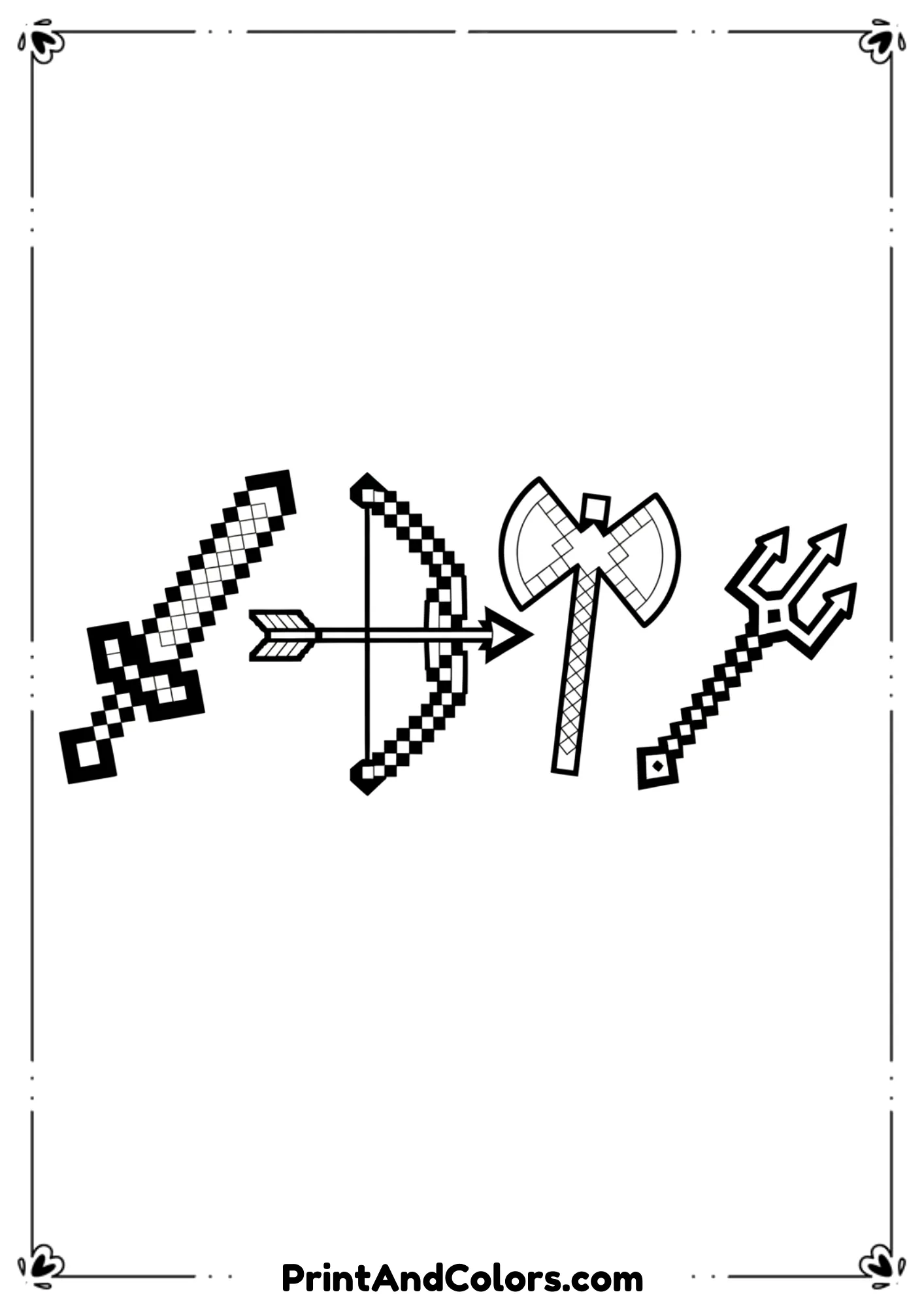 Black and white line art showing multiple Minecraft weapons including sword, bow, axe, and trident, neatly arranged, bold outlines, no shading, printable coloring page.
