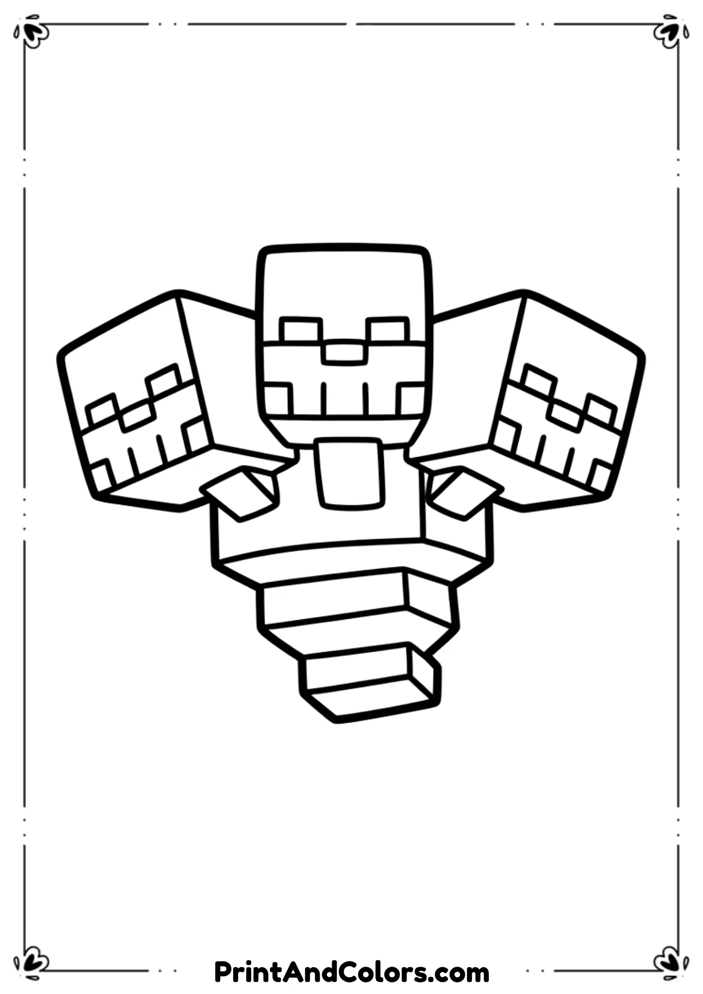  Black and white line art of the Minecraft Wither boss floating with three heads, bold outlines, no shading, simple background, printable coloring page.
