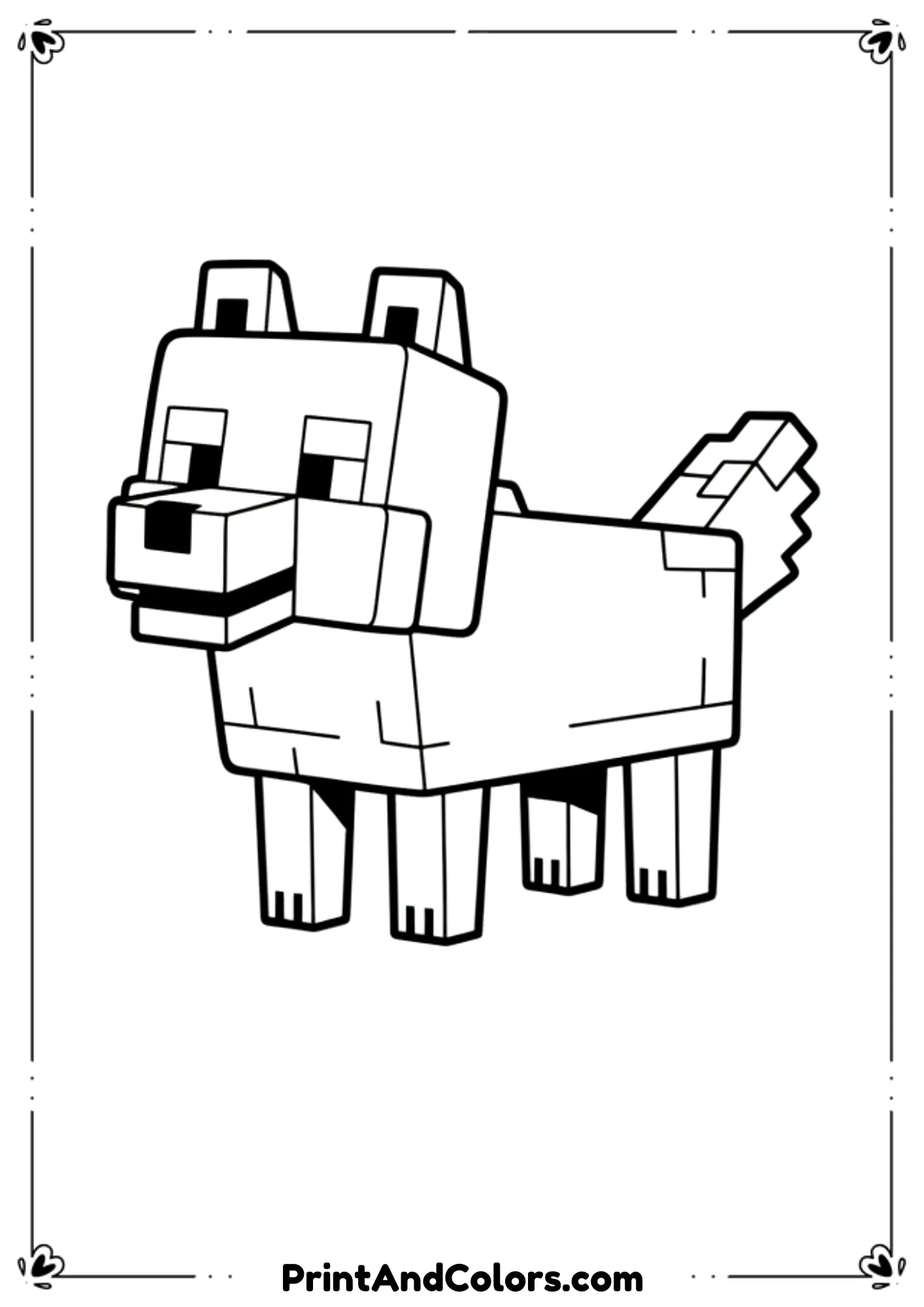  Black and white line illustration of a Minecraft wolf standing alert, blocky proportions, friendly expression, bold outlines, no shading, printable coloring page.
