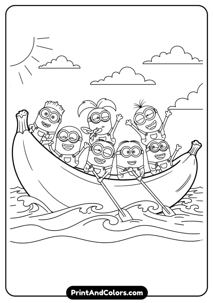 Minions riding a banana-shaped boat on water, cartoon-style black-and-white outlines