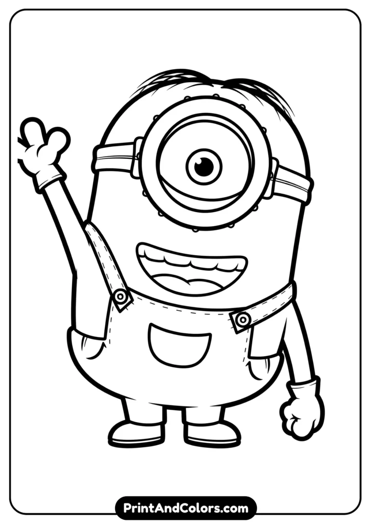 Minion Carl waving happily, outlined in cartoon-style line art for coloring