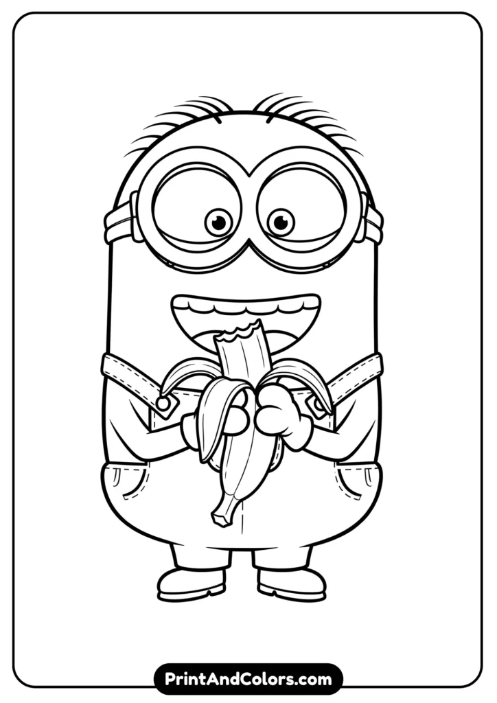 Minion happily eating a banana, cartoon-style line art with simple outlines for kids
