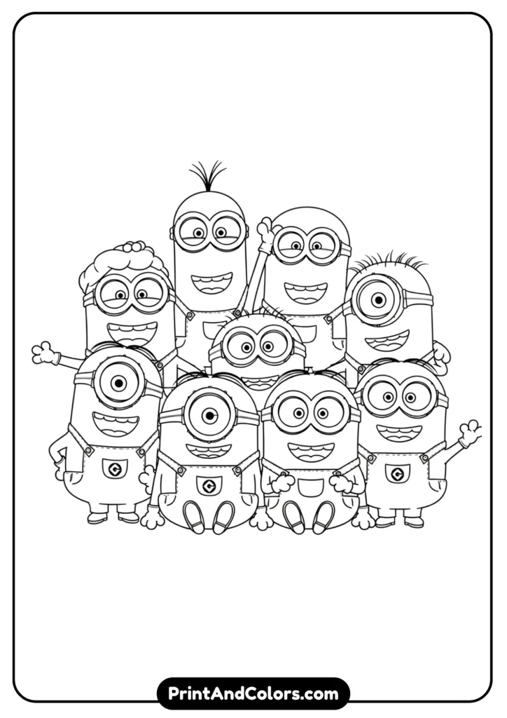 Group of Minions together like a family portrait, smiling expressions, outlined in simple black and white.