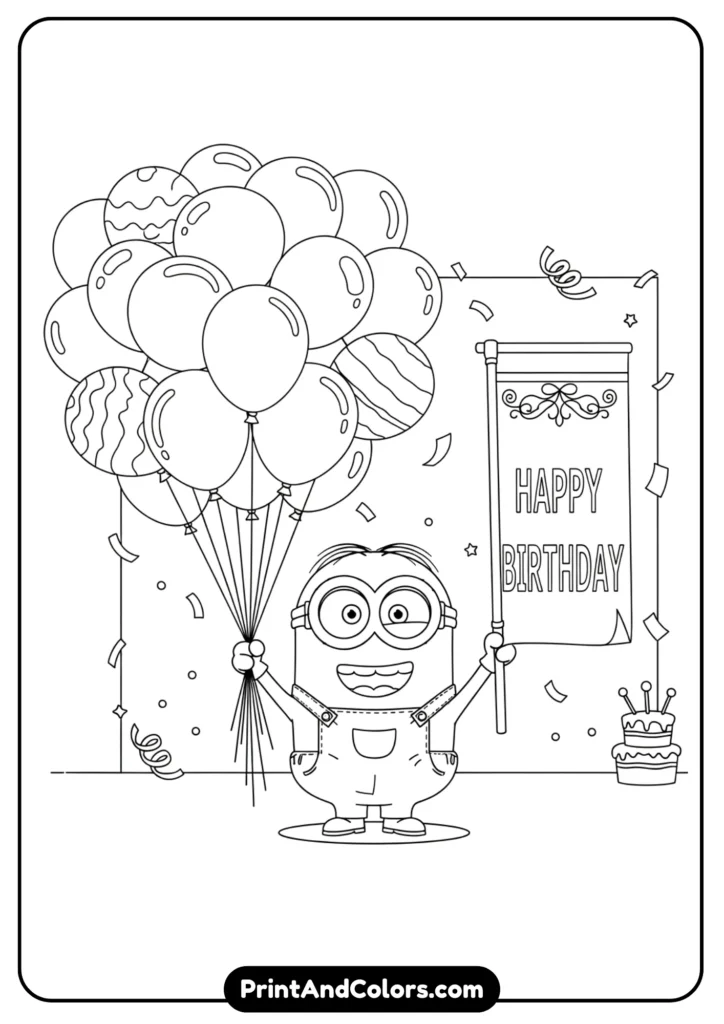 Minion holding balloons and a birthday banner, outlined for coloring, festive black-and-white drawing.