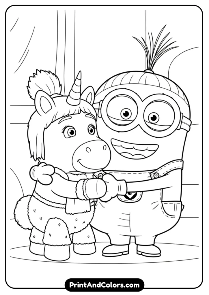Cute Minion hugging Agnes’ toy unicorn, cartoon-style black-and-white line drawing for coloring