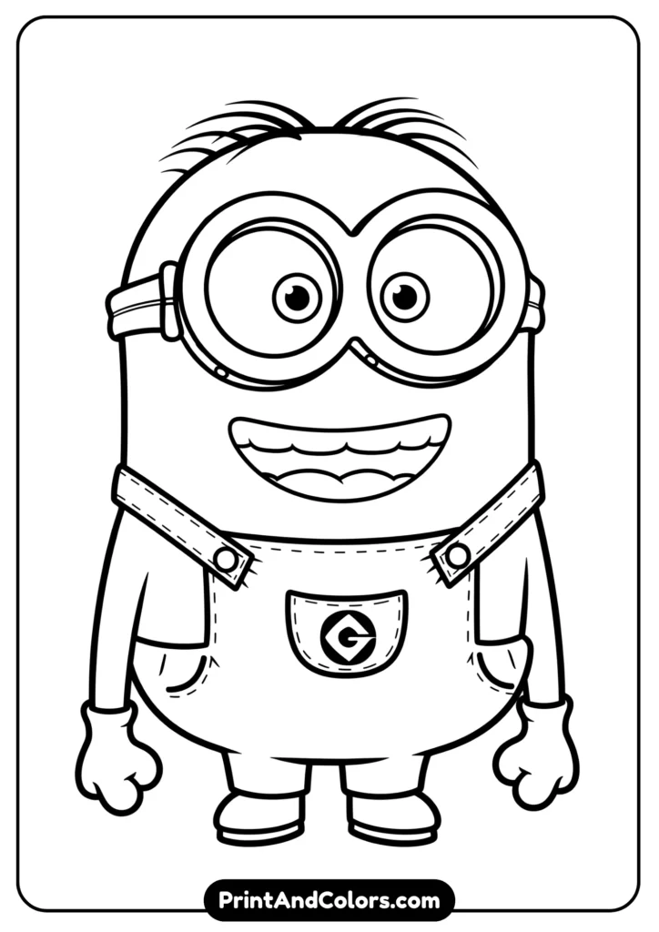 Cartoon-style Minion Jerry smiling, black-and-white outlined drawing for coloring
