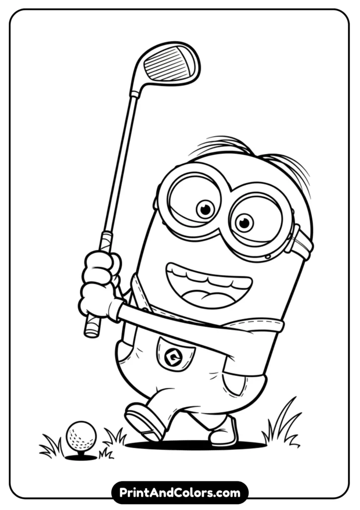 Minion Kevin holding a golf club, cartoon line art with black-and-white outline, playful design