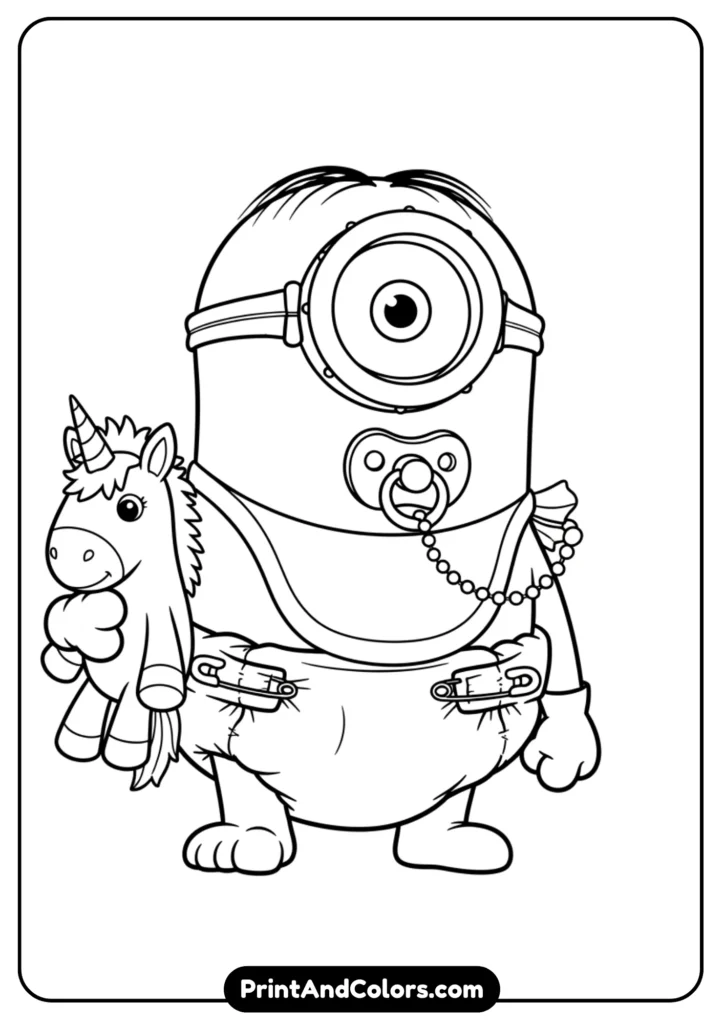 Minion Stuart dressed like a baby with diaper, pacifier, and toy unicorn, black-and-white cartoon outline