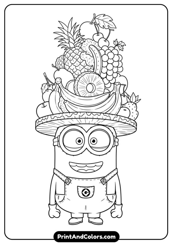 Minion Stuart wearing a funny fruit hat, outlined in black-and-white for coloring, cartoon-style.