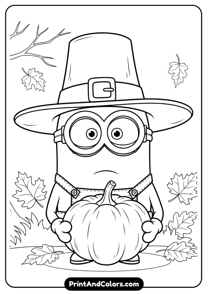 Minion wearing a pilgrim hat holding a pumpkin, Thanksgiving-themed black-and-white cartoon line art