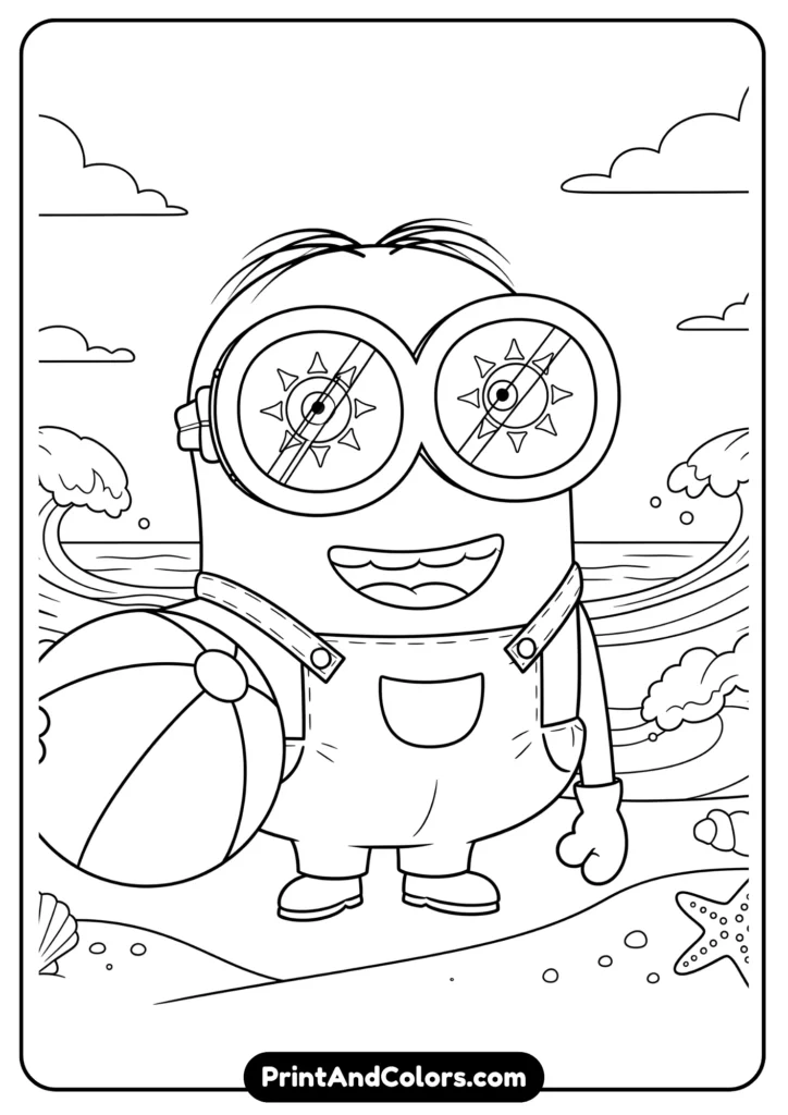 Cartoon Minion wearing sunglasses, holding a beach ball, standing near sand and waves, black-and-white outline