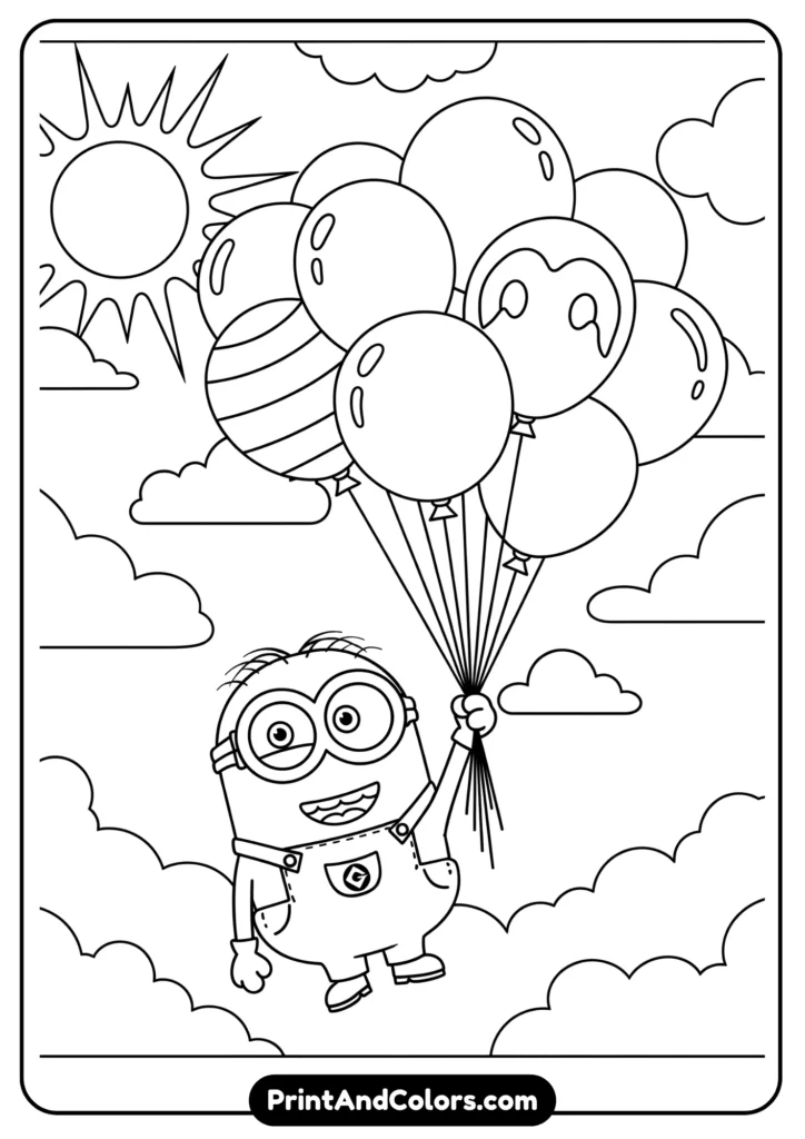 Minions holding balloons, floating in the sky, outlined in fun cartoon line art for coloring.