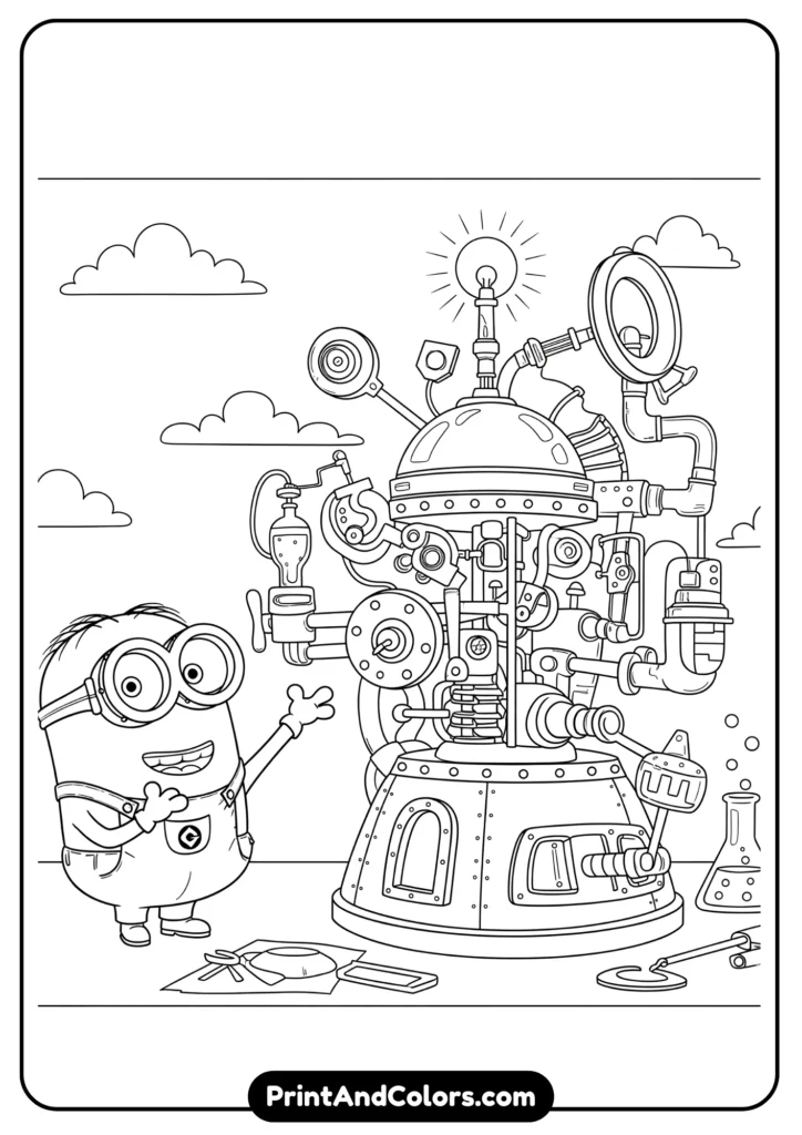 Minion showing off a big invention machine, cartoon-style outlined in black and white.