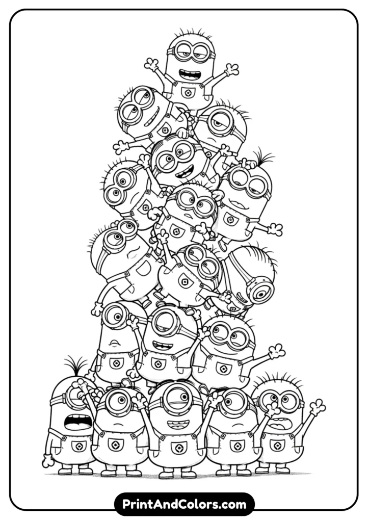 Stack of Minions climbing over each other, playful black-and-white line art, fun cartoon design