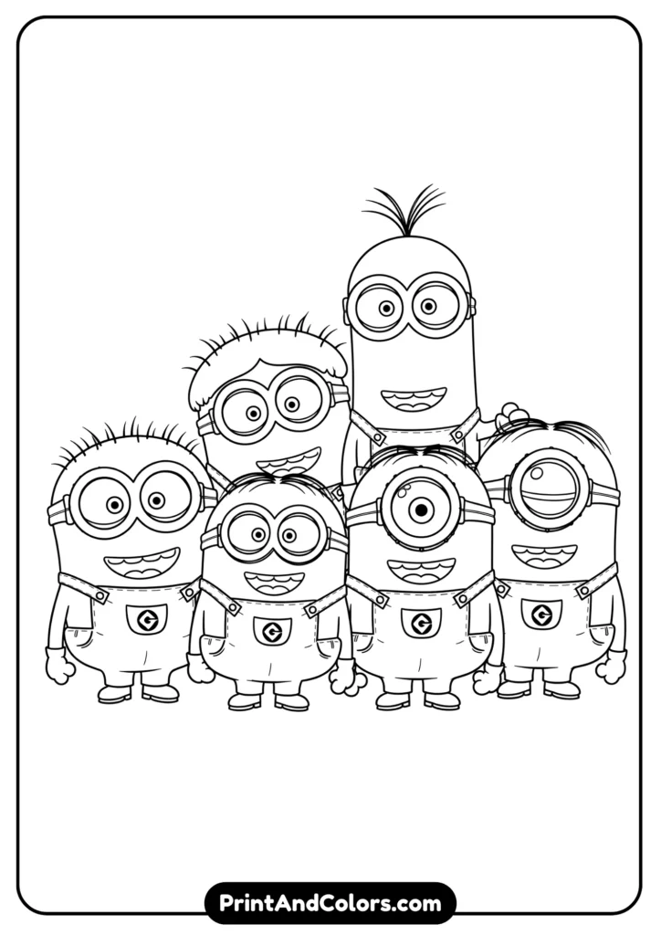 Black and white line art of multiple Minions standing together, cheerful expressions, cartoon style, clean outlines, suitable for kids’ coloring page.