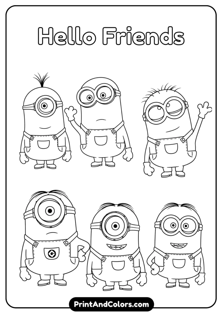 Kid-friendly Minion outlines in black-and-white, easy shapes for young children to color.