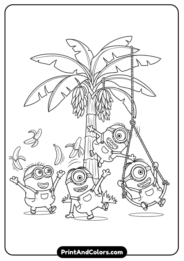Free-style Minion line drawings in cartoon outline, easy black-and-white coloring sheet.