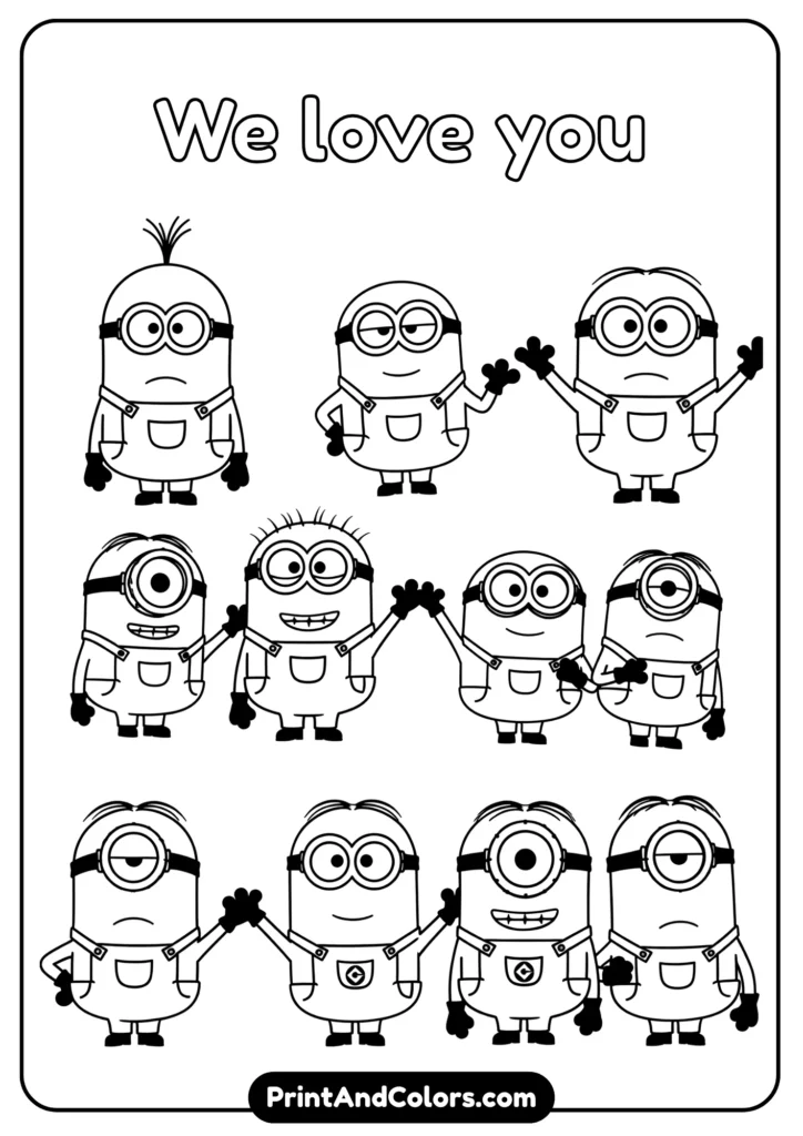 Simple Minions cartoon outlines arranged in printable PDF-style sheet, black-and-white