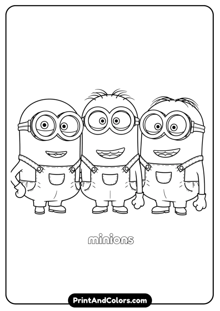 General Minion characters in a printable coloring page style, simple black-and-white outlines.
