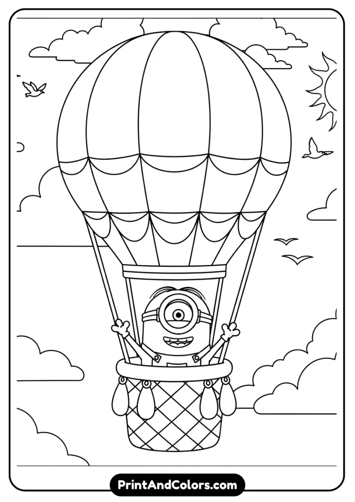 Minion inside a hot air balloon floating in the sky, cartoon black-and-white line art.