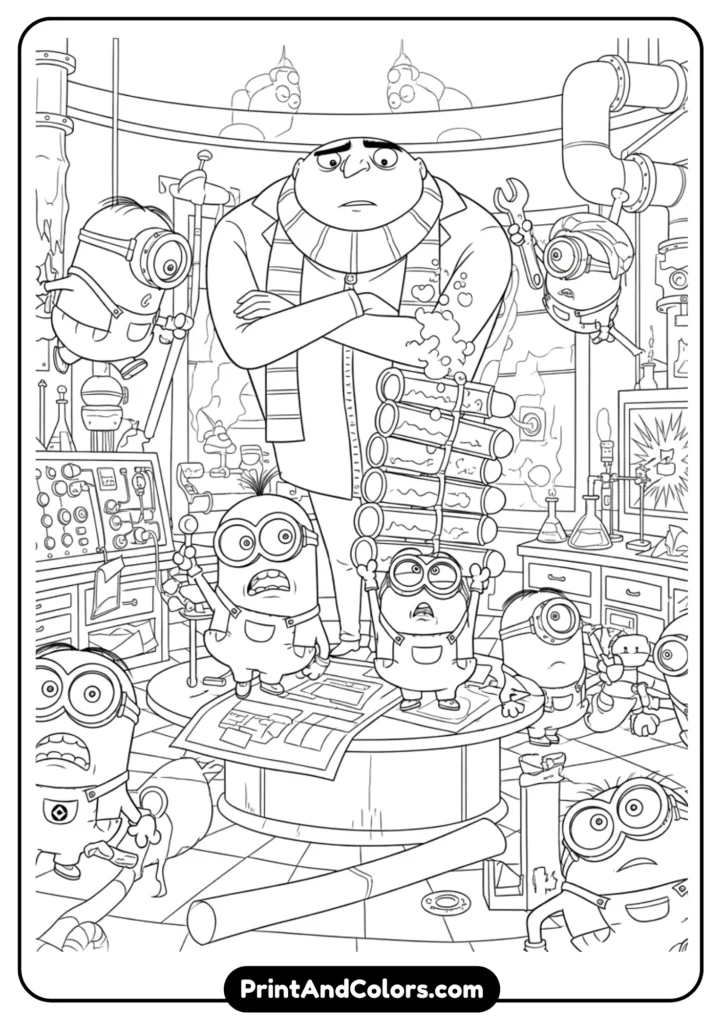 Minions working in Gru’s secret lab, cartoon-style outline drawing, detailed black-and-white art