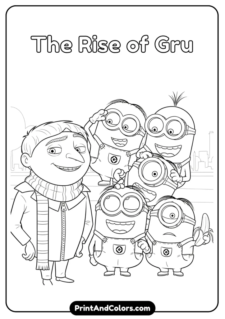 Line art of Minions with Young Gru inspired by “The Rise of Gru,” cartoon outlines for coloring