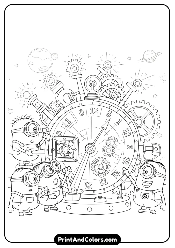 Minions standing next to a cartoon time machine with gears and lights, black-and-white line art