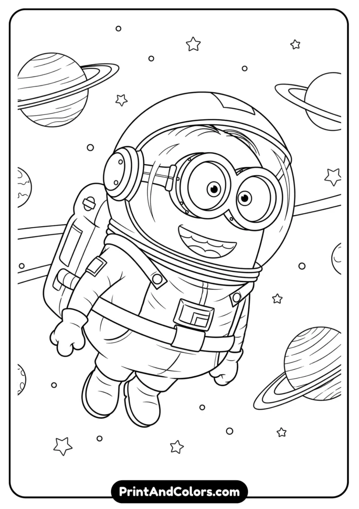 Minions in astronaut suits floating in space with planets and stars, black-and-white outline.