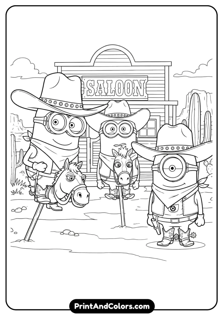Minions dressed as cowboys in the Wild West with hats and boots, cartoon outlines.