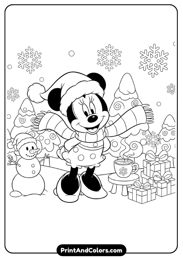 Minnie Mouse standing in falling snow wearing a Santa hat and scarf. Add cute winter details