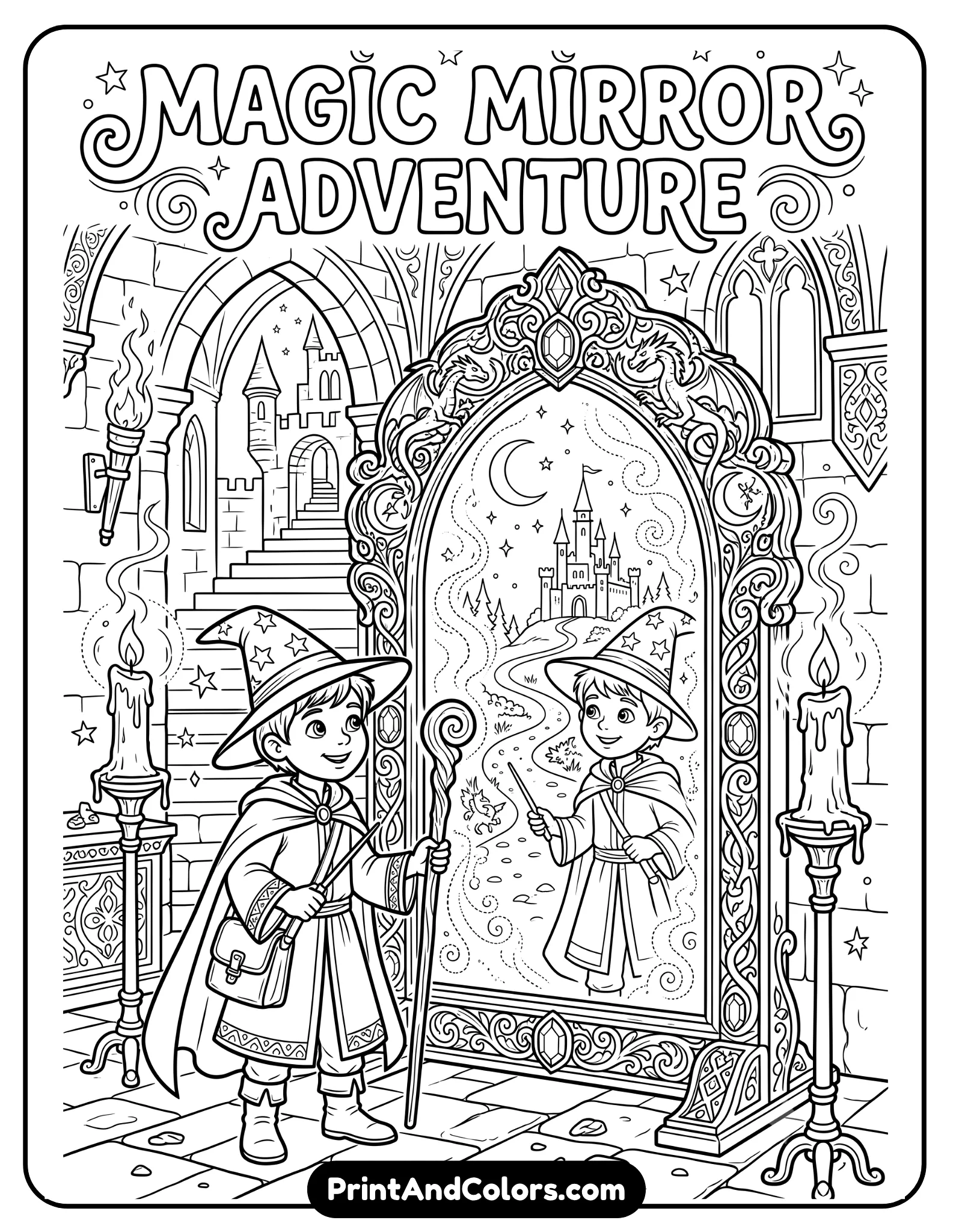 Detailed black and white fantasy coloring page of a young wizard standing before an ornate magical mirror with a mysterious reflection inside. Include decorative frame carvings, candles, stars, magical smoke, and gothic castle surroundings. Intricate printable fantasy line art style