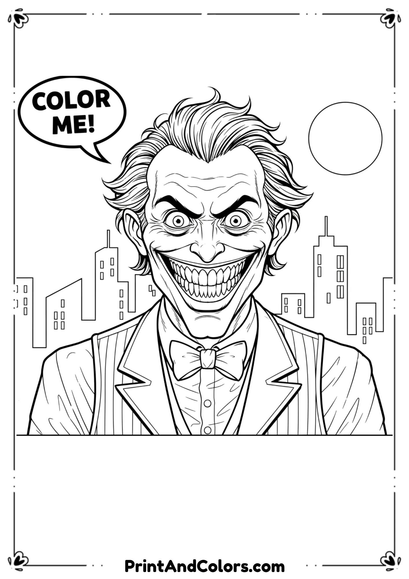 Joker laughing with exaggerated smile and crazy eyes, clean black and white outline.
