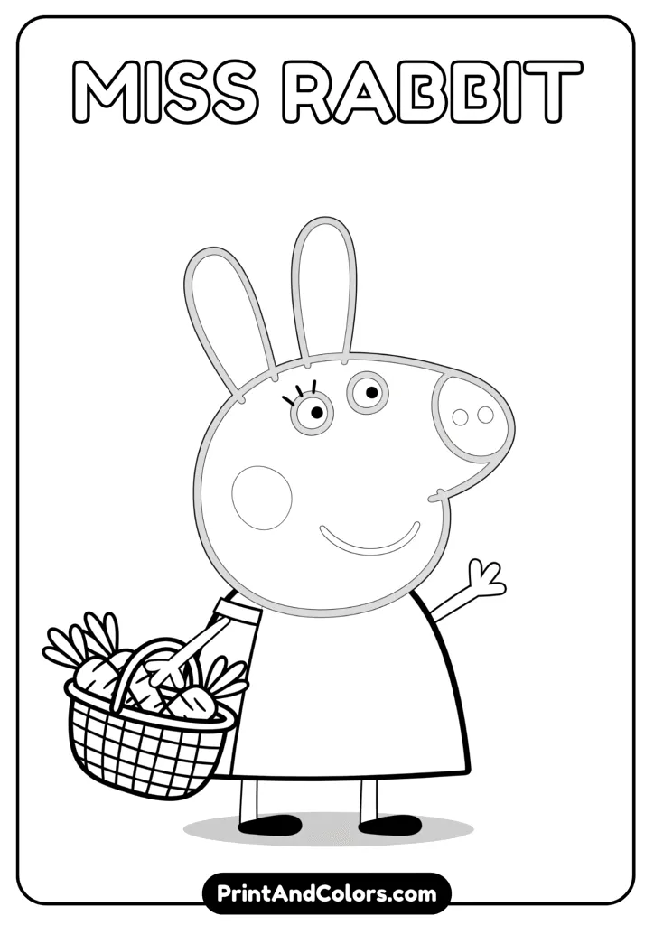 Miss Rabbit in her work uniform, smiling and holding a basket or object, drawn in simple cartoon style with clear lines.