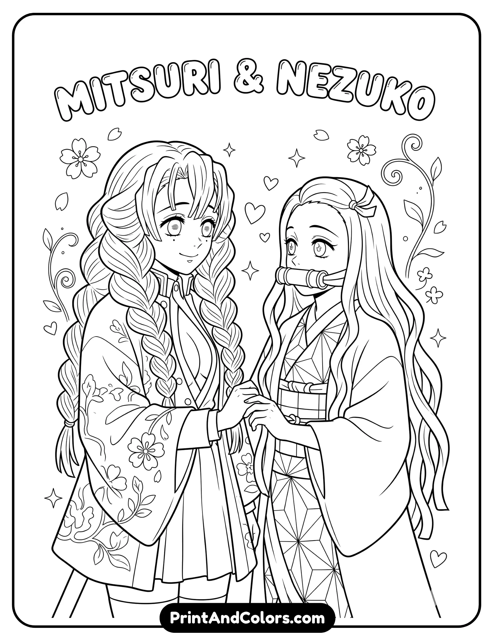 Line art of Mitsuri and Nezuko together, friendly interaction, soft smiles, flowing hair details, simple decorative background elements