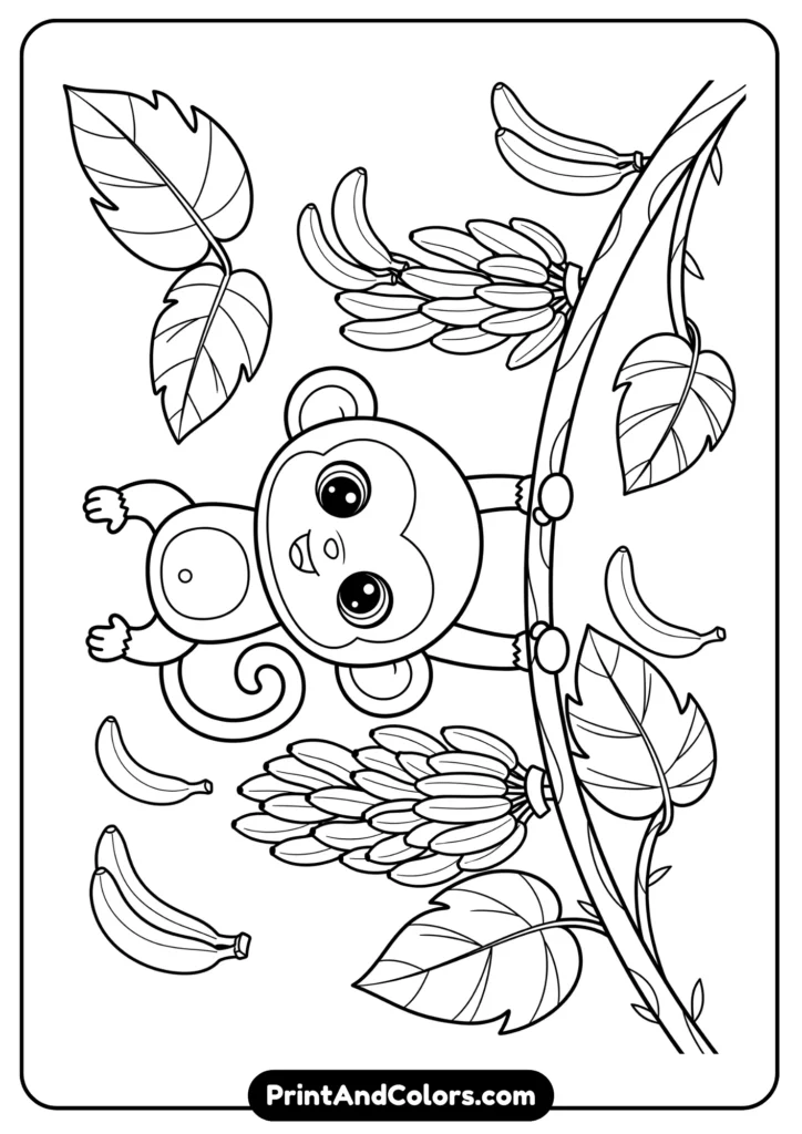 Black and white kawaii monkey hanging from a vine with smiling face, surrounded by bananas and leaves