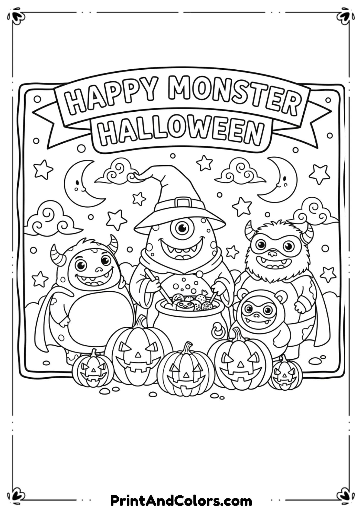 Friendly cartoon monsters in Halloween costumes with pumpkins and stars, outlined for coloring.
