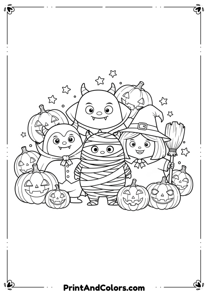 Friendly cartoon monsters in Halloween costumes with pumpkins and stars, outlined for coloring.