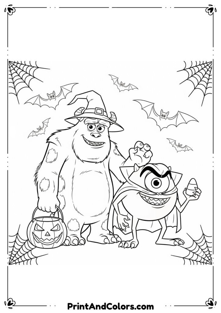 Sulley dressed as a vampire and Mike as a pumpkin, outlined in fun cartoon line art.
